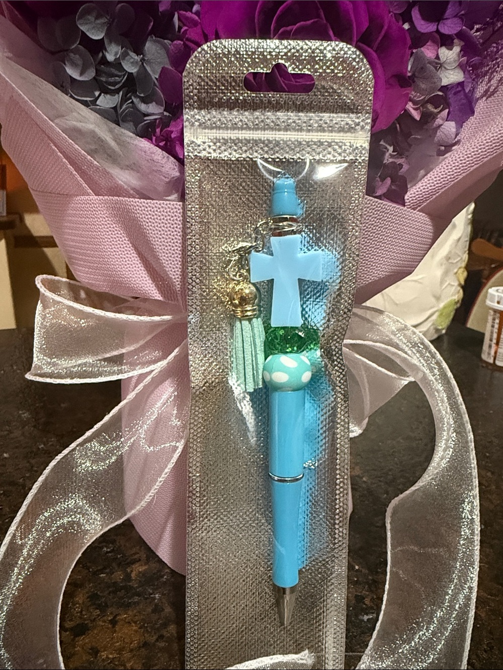 Blue Cross Charm Pen with Tassel Keychain - Home Office
